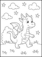 Coloring pages for kids with cute cartoon animal characters. black and white line art style. Dragon coloring pages for kids. Children's coloring books with cute dragon cartoon characters