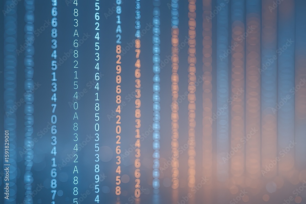 Poster abstract digital data stream with blurred glowing numbers and lines in blue tones.