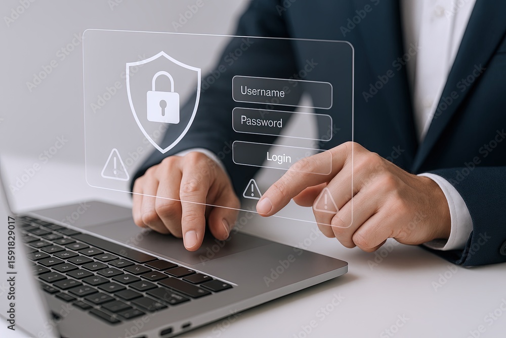 Poster businessman using futuristic transparent digital security interface for data protection.