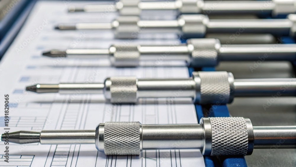 Poster close-up of precision tools arranged neatly on a surface, showcasing their metallic sheen and intric