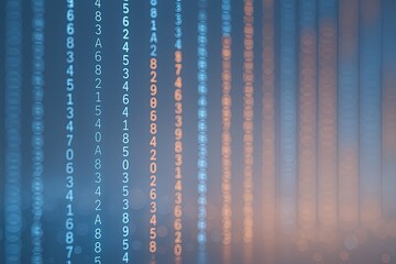 Abstract digital data stream with blurred glowing numbers and lines in blue tones.