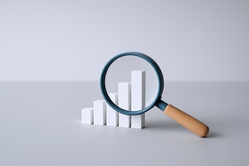 Close-up of a magnifying glass focusing on increasing white bar chart on gray background.