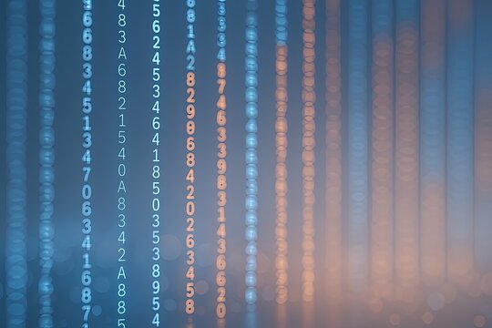 Abstract digital data stream with blurred glowing numbers and lines in blue tones.