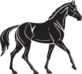 Obraz premium A black and white illustration of a horse set against a stark white backdrop, emphasizing its silhouette
