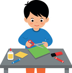 Boy cutting green paper with scissors at crafting table with glue and markers vector illustration