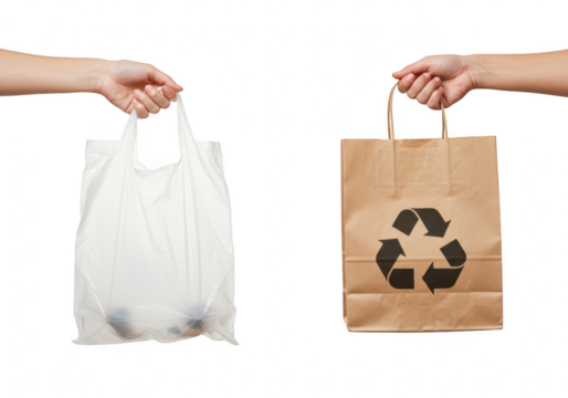 Two hands hold different shopping bags, one plastic and one paper with a recycling symbol, isolated on white isolated on transparent background