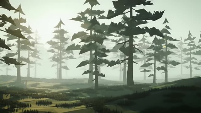 Animated Low Poly Forest in Mist with Tall Trees Establishing Shot