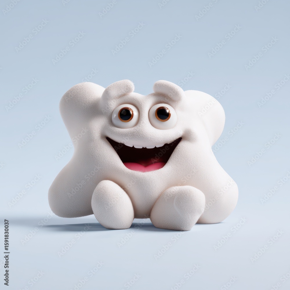 Poster joyful cloud-like 3d character with big eyes and a cheerful expression on a light blue background