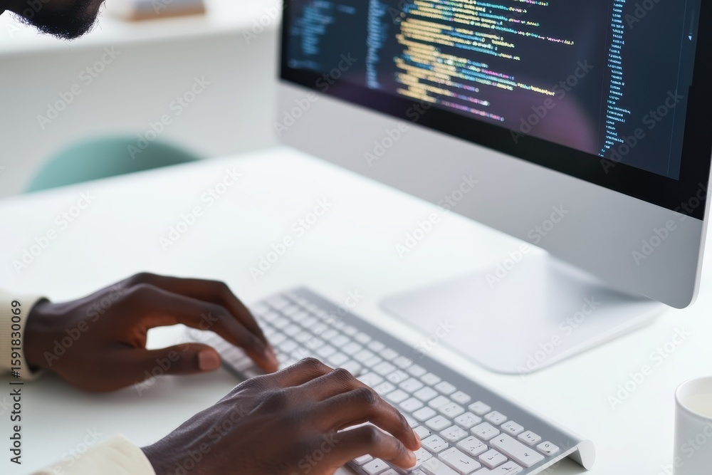 Poster black man coding on a modern keyboard during day time in a bright workstation environment
