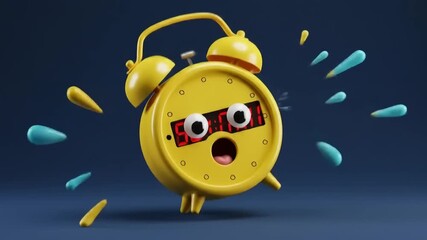 Cartoonish yellow alarm clock with expressive eyes and mouth, splashing paint, playful background - Powered by Adobe
