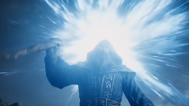 A hooded figure wields a glowing weapon, emanating intense blue light energy.
