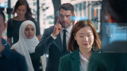 Computer Vision Technology Identifying Pedestrians on a Busy City Street. Biometric Face Recognition Scanning Software Tracking and Analyzing Diverse Male and Female on Their Way to Work. Slow Motion - Powered by Adobe