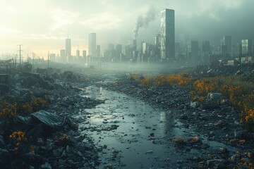 Dystopian cityscape with a polluted river and wildflowers amidst urban decay
