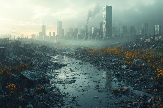 Dystopian cityscape with a polluted river and wildflowers amidst urban decay - Powered by Adobe