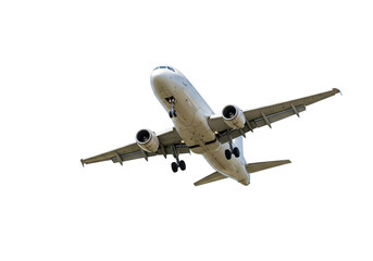 Obraz premium A white passenger airplane with engines visible, flying against a transparent background