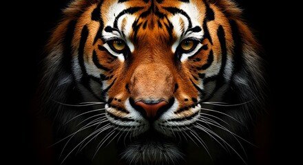 Obraz premium Close-Up Glowing Eyed Tiger Head on Dark Background, Fierce Wild Animal