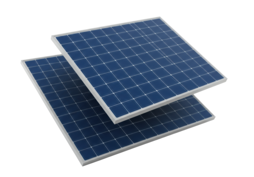 Three modern solar panels with deep blue cells and silver-grey frames, arranged cascading and overlapping on a pristine clean white background with copy space, bright studio lighting. Concept of