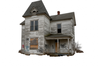 An old, abandoned house covered in graffiti, with weathered wood and broken windows, isolated on transparent background