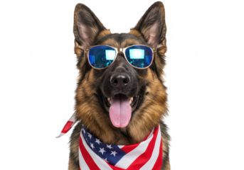 A cool german shepherd dog wearing sunglasses and an american flag bandana, isolated on transparent background