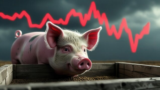 Market trends impacting pig farming agriculture sector infographic dramatic sky close-up economic insights