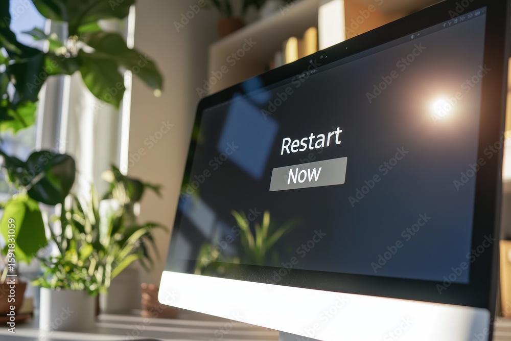 Poster close-up of computer screen showing a restart prompt in a bright room with plants
