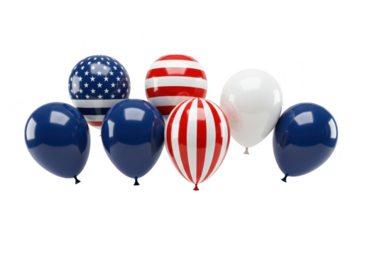 A collection of patriotic balloons featuring the american flag, red and white stripes, and solid blue, isolated on a transparent background - Powered by Adobe