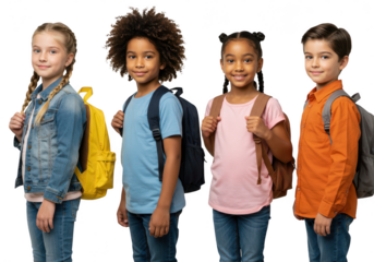 A diverse group of four smiling children with backpacks, ready for school, isolated on a transparent background