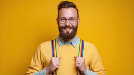 Smiling man with rainbow suspenders radiates joy against a vibrant yellow background portrait.