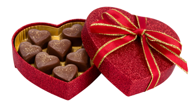 Valentine's Day heart-shaped chocolates with a wrapped glittering red box and a shiny ribbon bow isolated on a white background