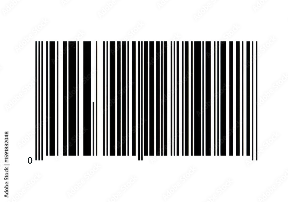 Poster a black and white barcode with a zero symbol, representing product identification and data, isolated