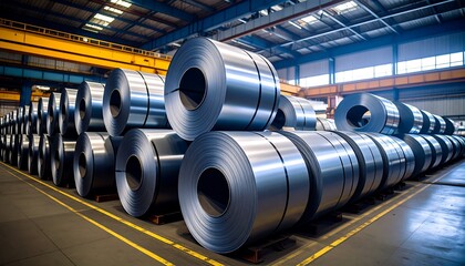 Industrial steel coils stacked in a warehouse