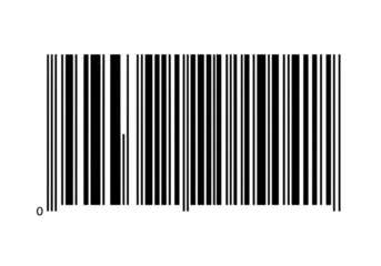 A black and white barcode with a zero symbol, representing product identification and data, isolated on a transparent background