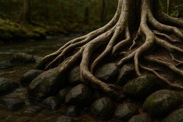 Fototapeta premium Close-up of Large Tree Roots Spreading Over Rocks Along Forest Stream in Nature Scene.