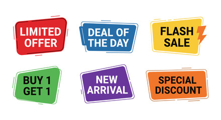 A collection of colorful, modern sale and promotional labels with text like "Limited Offer," "Deal of the Day," and "Special Discount" on a white background, ideal for marketing.