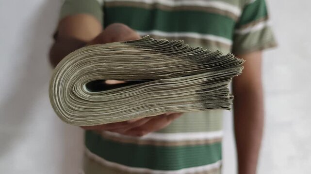 India rupee currency or indian money closeup. Young asian person hand offering stack of banknotes towards camera. pay, spend, tax, giving, deal, bribery, bribe, emi, corruption and success concept.