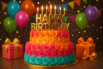 Festive Two-Tiered Birthday Cake with Golden Letters, Candles, and Balloons.