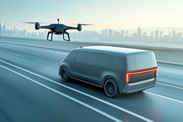 Innovative aerial delivery system in urban landscape with drone and delivery van