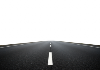 An empty asphalt road with white dividing lines stretches forward into the distance against a stark transparent background