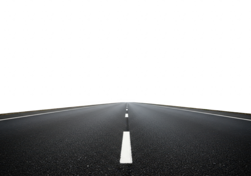 An empty asphalt road with white dividing lines stretches forward into the distance against a stark transparent background