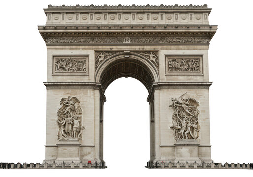 The majestic arc de triomphe in paris, france, stands prominently against a clean transparent background