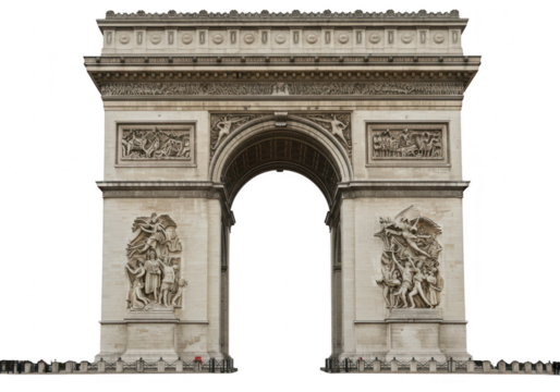 The majestic arc de triomphe in paris, france, stands prominently against a clean transparent background