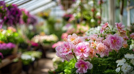 A greenhouse garden filled with pink dahlia blooms in soft focus, creating a dreamy, floral vista.