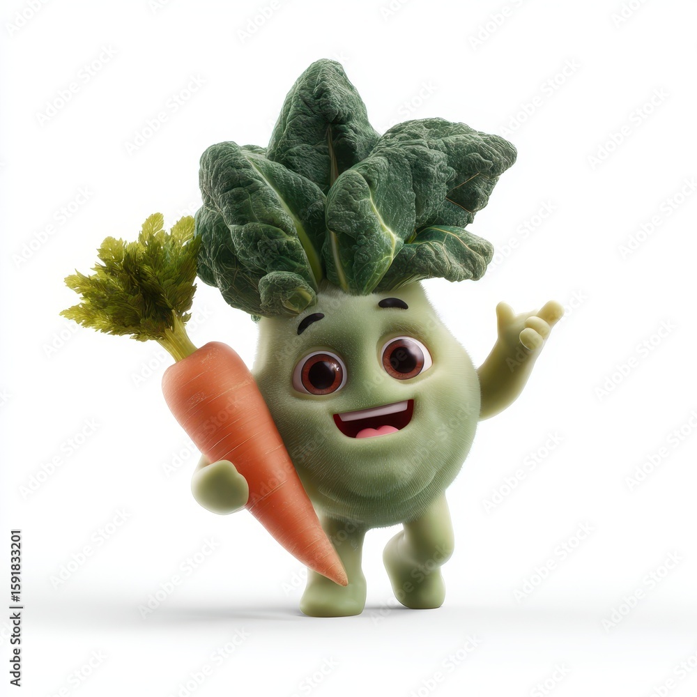 Poster cheerful broccoli character holding carrot with enthusiastic expression