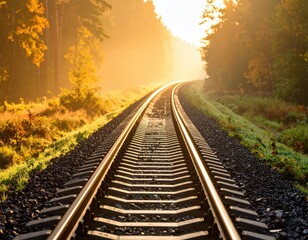 Sunny railway track through a golden forest