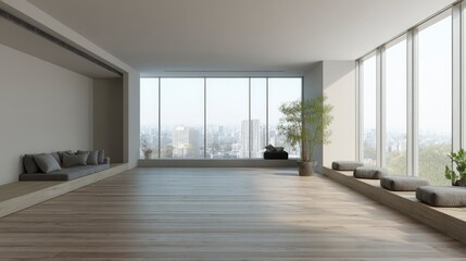 Bright interior showcases modern design with wooden floors and window views of cityscape panorama.