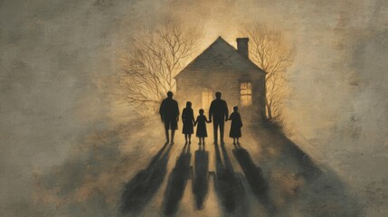 Family in front of a mystical house at sunset