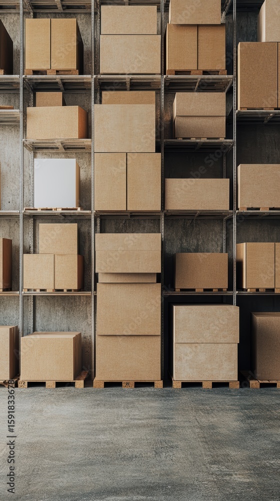 Poster storage area with neatly stacked boxes and crates in a modern warehouse setting