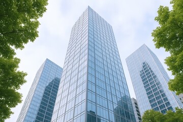 Obraz premium Modern glass skyscrapers towering amidst lush green trees in a vibrant urban landscape.