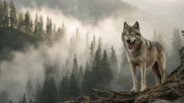 Majestic wolf in misty mountain forest