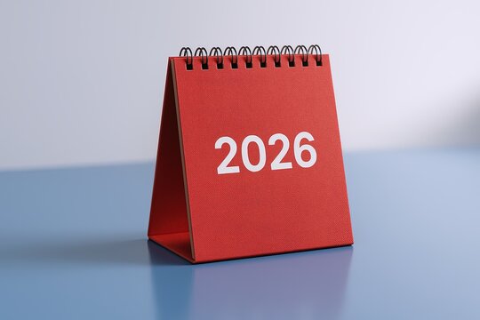 Red 2026 desk calendar standing on blue surface with blank background image.